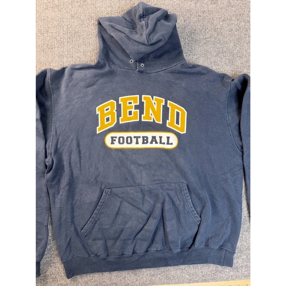 Champion Mens Large Navy Blue Bend Football Graphic Hoodie Sweatshirt Faded Y2K
